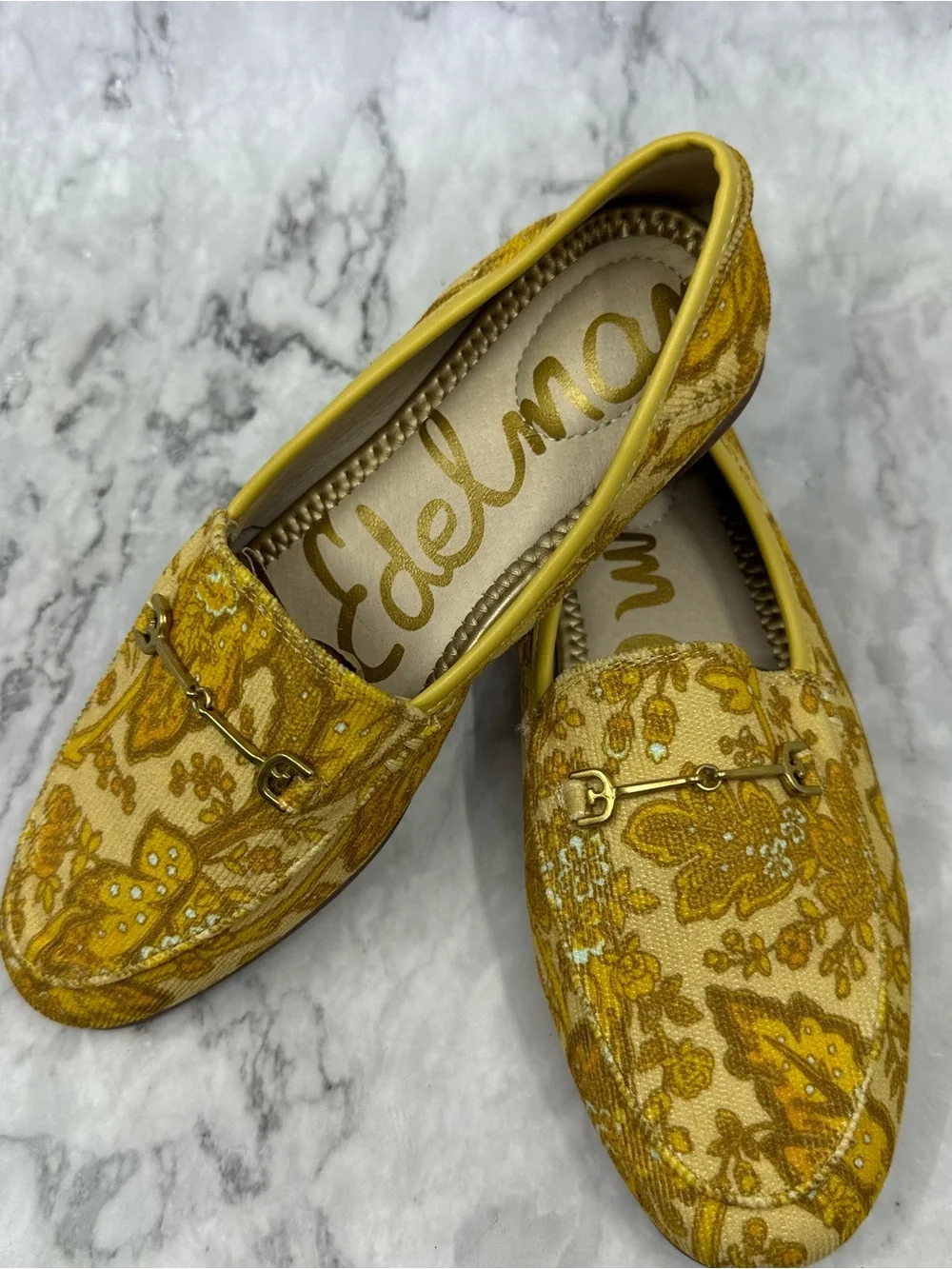 Delman Mustard Floral Canvas Loafers with Gold Bit